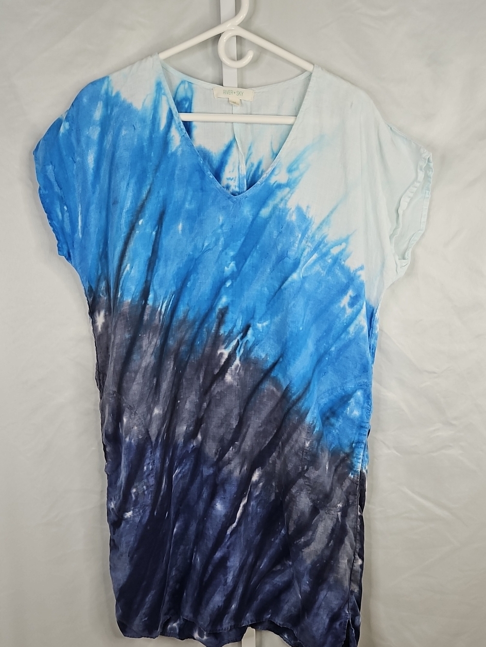 River + Sky Blue and Navy Tie-Dye V-Neck 100% Linen Dress Size Med